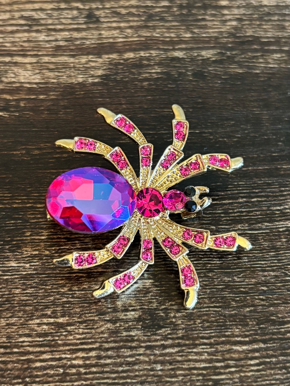 Gold-Tone Pink‎ Crystal Spider Brooch